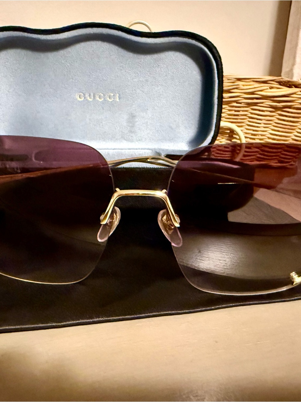 Gucci Rimless Sunglasses with Purple Gradient Lenses and Gold Accents GG0646S